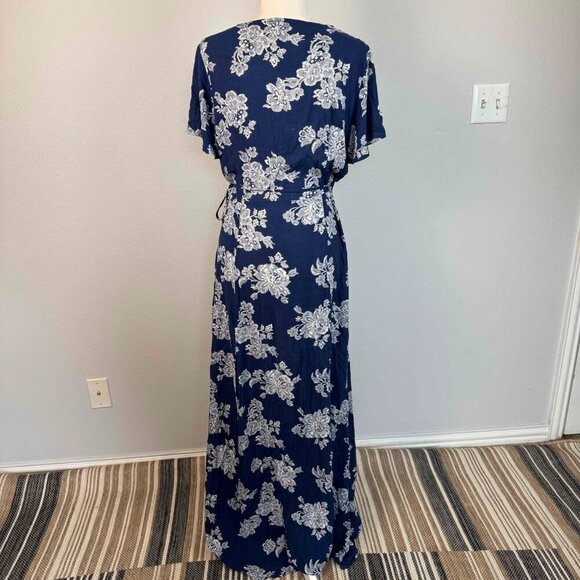Lulus Women's Heart of Marigold Wrap Maxi Dress 100% Rayon Floral Navy Blue Sz L - Picture 7 of 16
